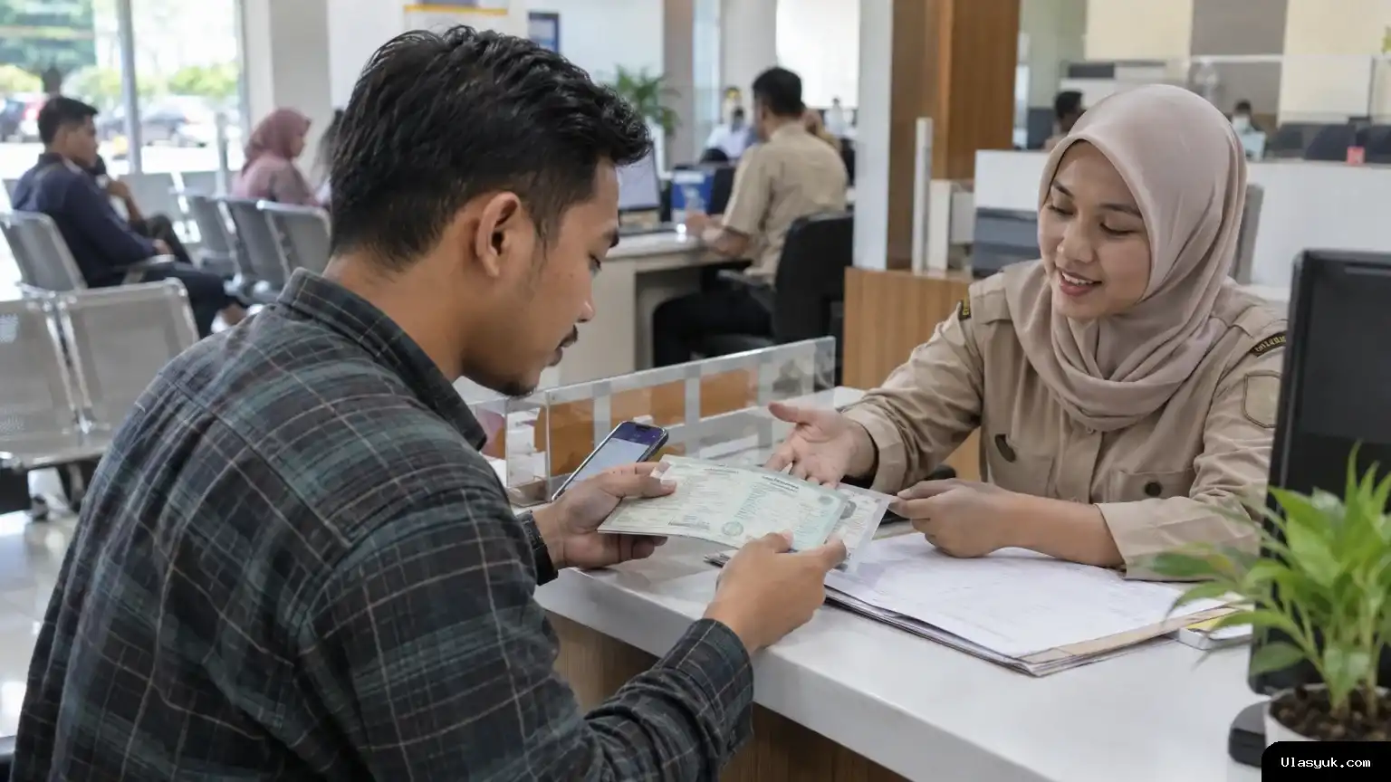 Adegan konsultasi pemilik kendaraan dengan petugas di meja layanan Samsat, menggambarkan pengecekan kewajiban pajak dan keringanan. Pemilik kendaraan berkonsultasi di meja layanan Samsat