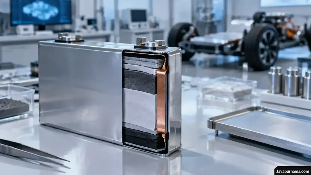 Sel baterai solid state di meja laboratorium dengan rangka kendaraan listrik samar di latar belakang