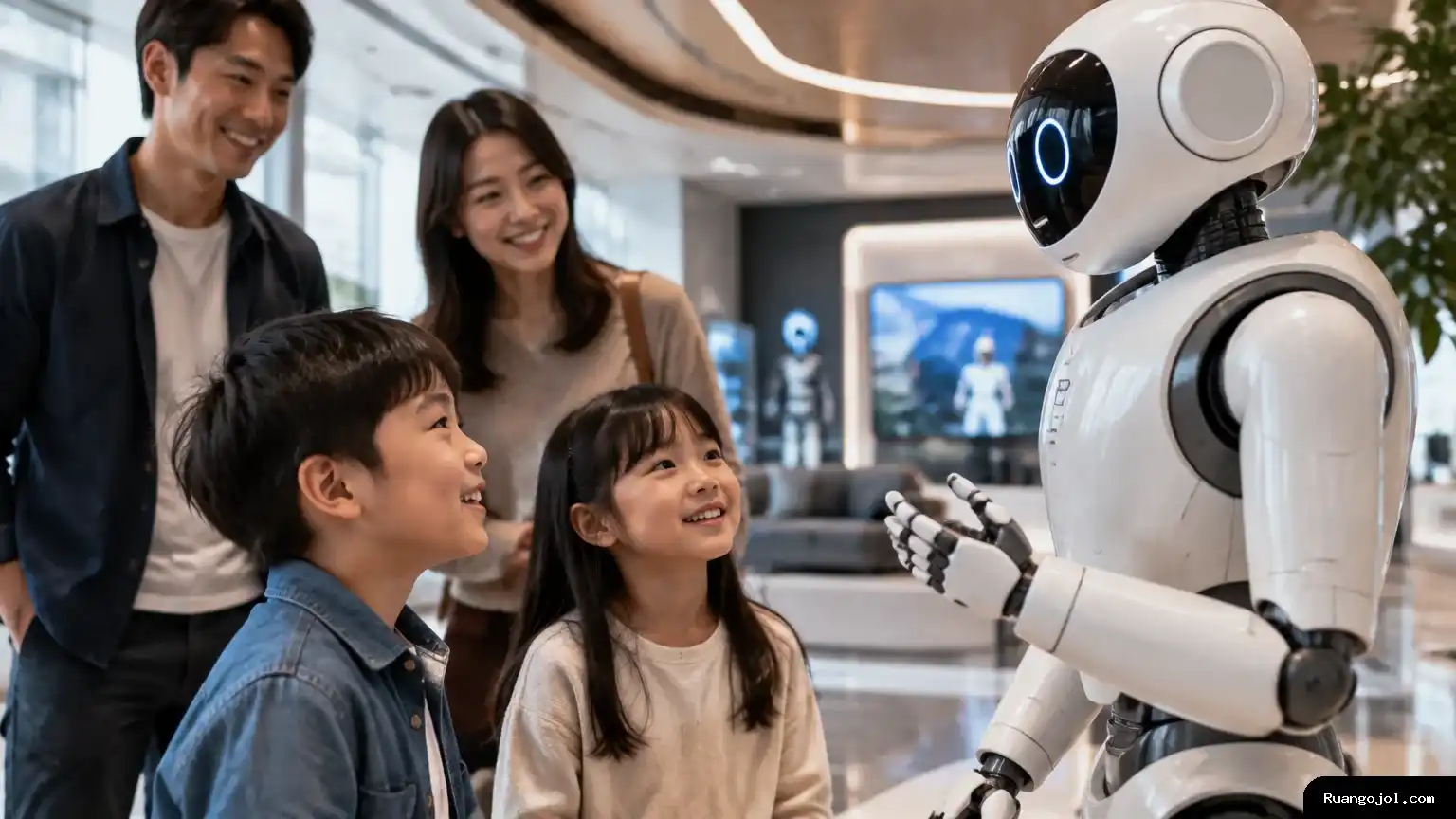 Robot humanoid pendamping keluarga berinteraksi dengan anak-anak di ruang demonstrasi teknologi.