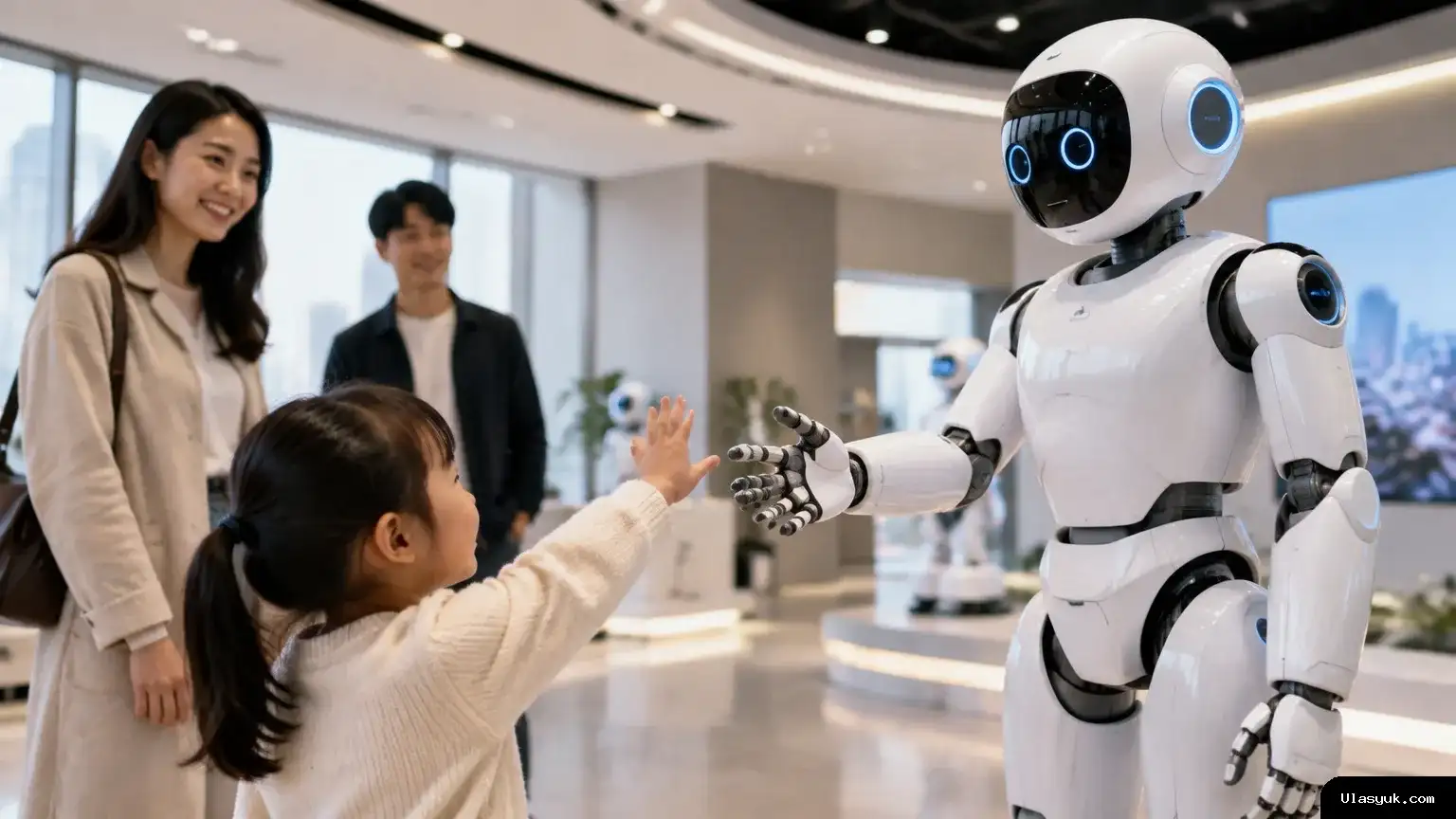 Robot humanoid berdiri di ruang pamer teknologi dengan seorang anak dan orang dewasa di latar.