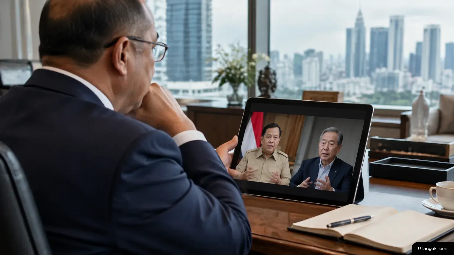 Ilustrasi pertemuan online yang diikuti Rosan Roeslani, Presiden Prabowo Subianto, dan Masayoshi Son untuk membahas sektor digital dan energi. Rosan mengikuti pertemuan daring bersama Prabowo dan Masayoshi Son