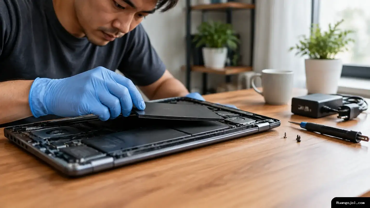 Teknisi memeriksa baterai laptop yang mengembung