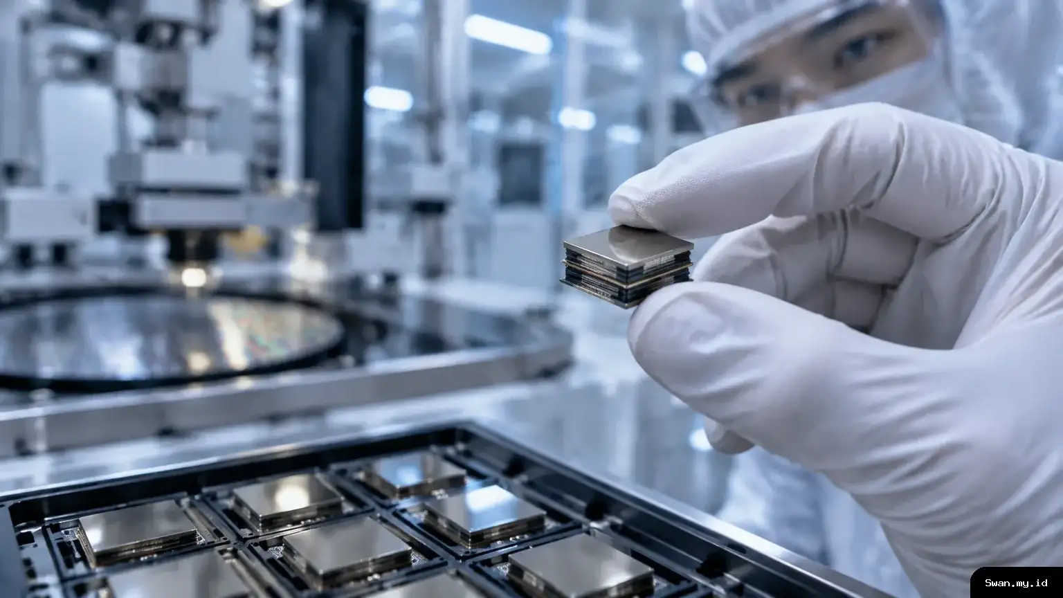 A close-up editorial illustration of a gloved cleanroom worker inspecting a compact stacked memory component, evoking the advanced manufacturing behind HBM. A gloved hand inspects a stacked memory chip in a cleanroom
