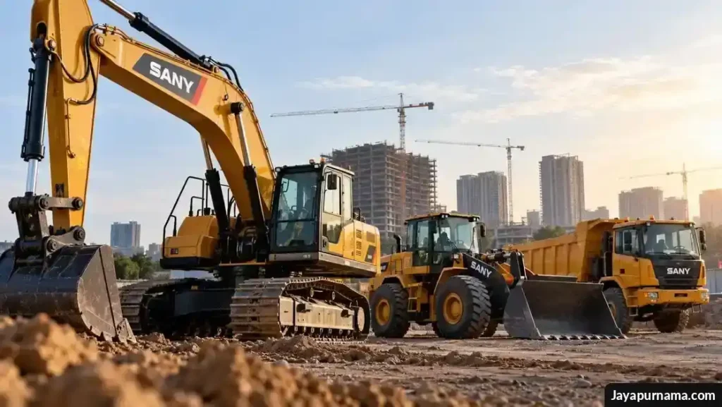 Ilustrasi alat berat konstruksi dengan latar gedung industri dan simbol pembiayaan keuangan.