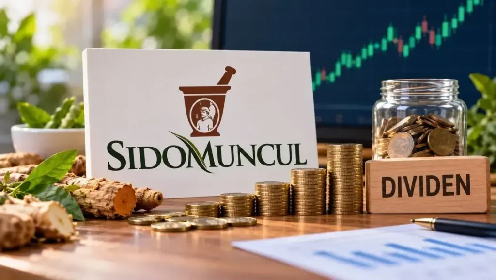 Tumpukan koin, logo Sido Muncul, dan ilustrasi investasi dividen saham.