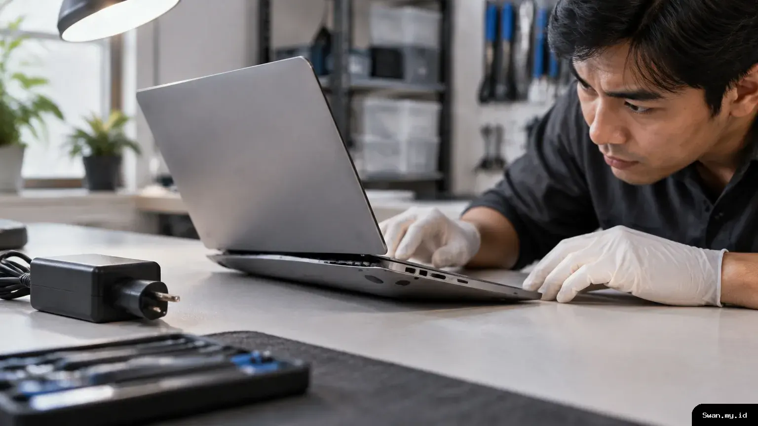 A repair technician examines a laptop on a workbench, illustrating the need to inspect possible battery problems. Technician inspecting a laptop battery warning sign