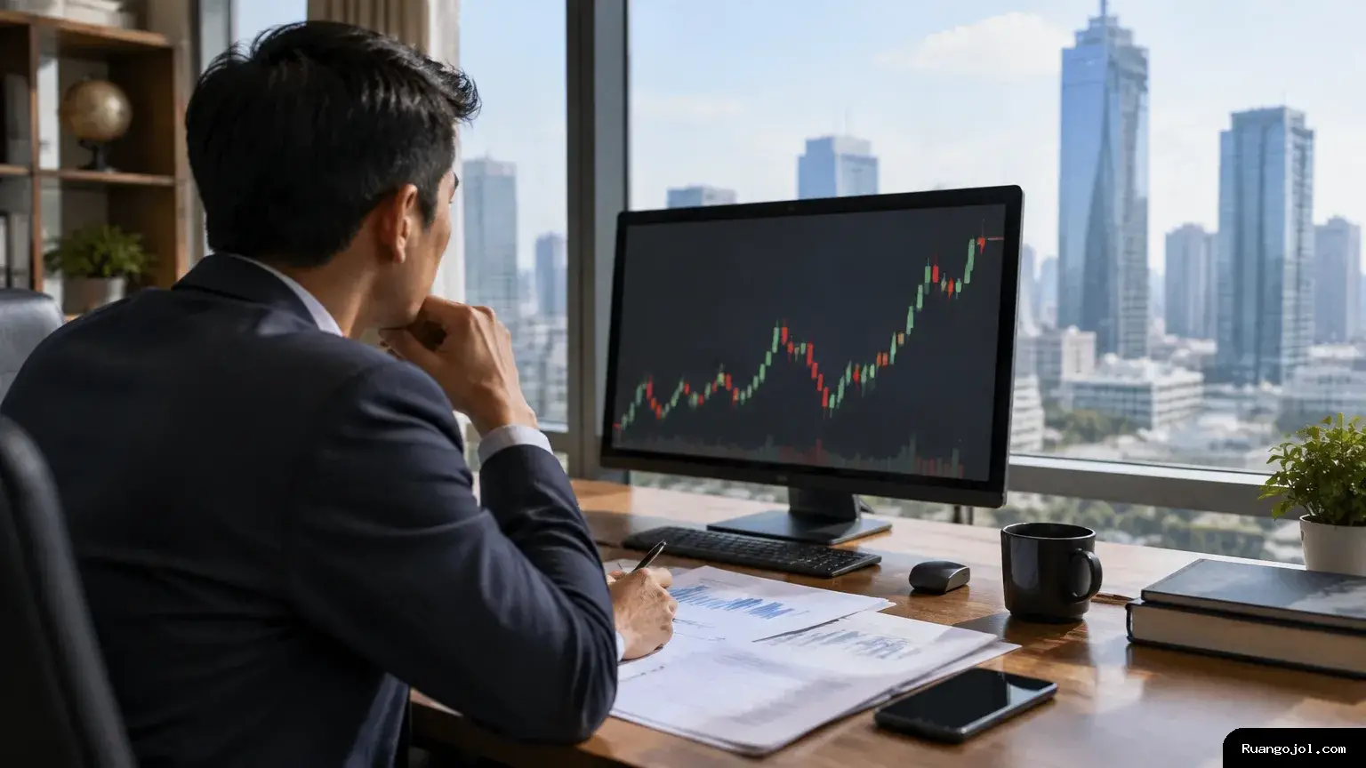Ilustrasi suasana investor memantau pergerakan pasar saham setelah perubahan kepemilikan saham WIFI. Investor mengamati layar pasar saham di kantor