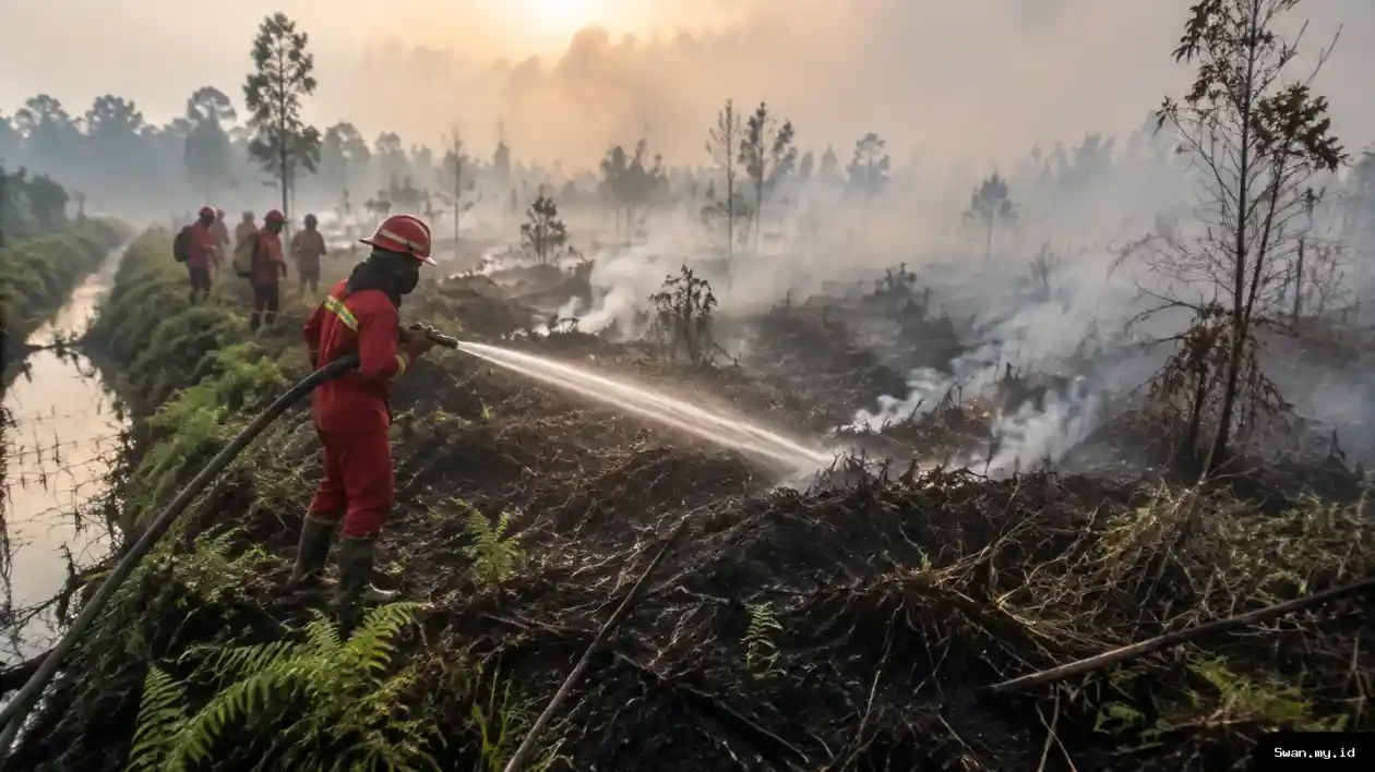 Firefighters working beside a smoldering area of Indonesian peatland