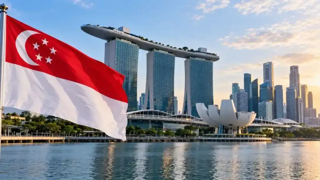 Bendera Singapura berkibar di depan gedung pencakar langit kawasan Marina Bay.