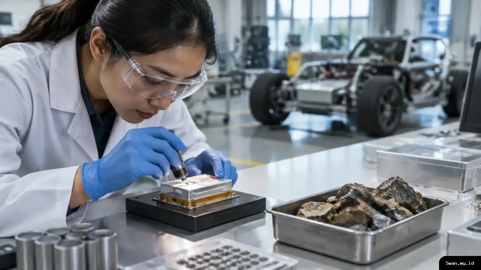 A laboratory workbench holds a compact battery prototype and a separate nickel ore sample as a researcher inspects the setup. An electric-vehicle chassis appears softly out of focus in the background, linking battery research with EV manufacturing. A researcher examines a solid-state battery prototype beside a nickel ore sample in a laboratory.