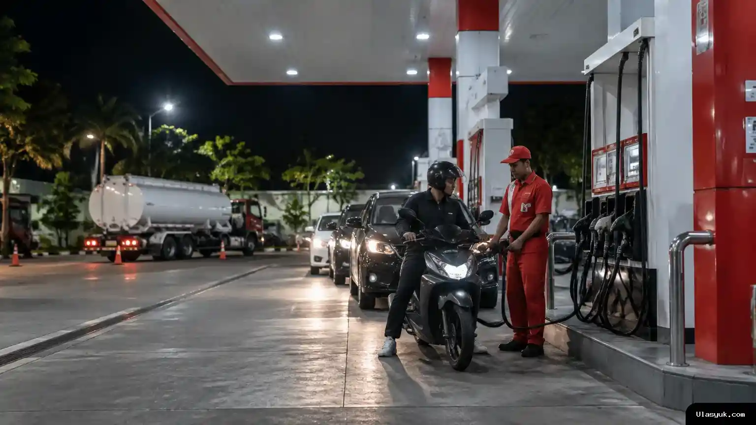 Petugas melayani pengendara di SPBU Bali pada malam hari
