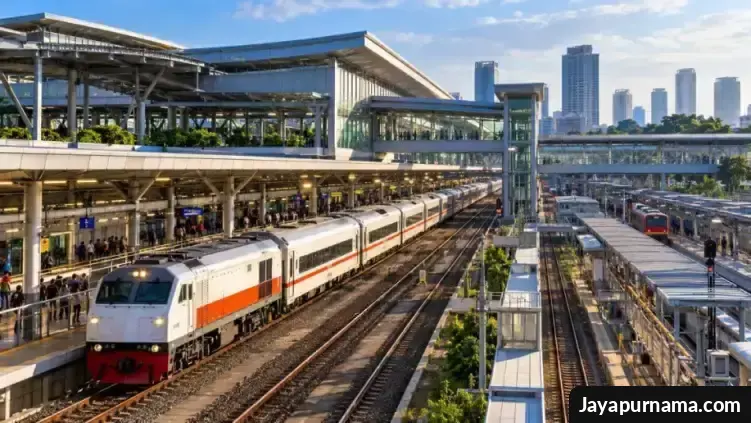 Kereta api jarak jauh di jalur stasiun modern dengan peron bertingkat dan jembatan penghubung.