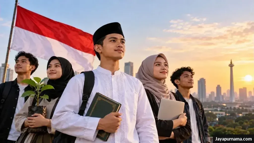 Lima pemuda Muslim Indonesia berdiri bersama di bawah bendera Merah Putih dengan latar cakrawala kota saat matahari terbit.