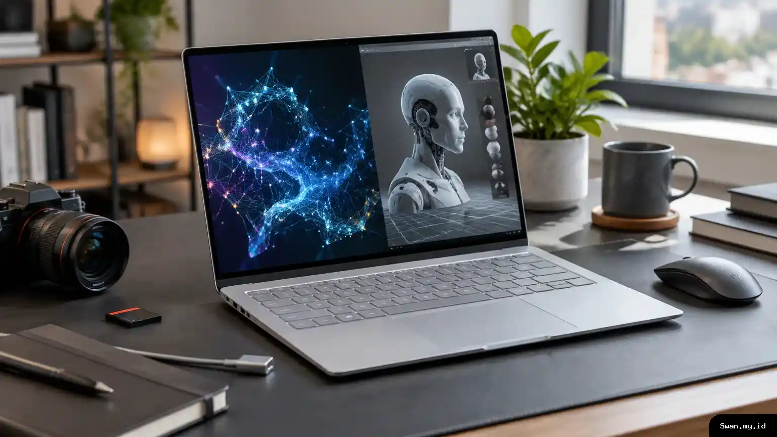 A premium laptop sits on a developer’s desk with a visual AI workflow on screen, accompanied by an SD card and magnetic charging connector. Premium laptop set up for local AI and creative work