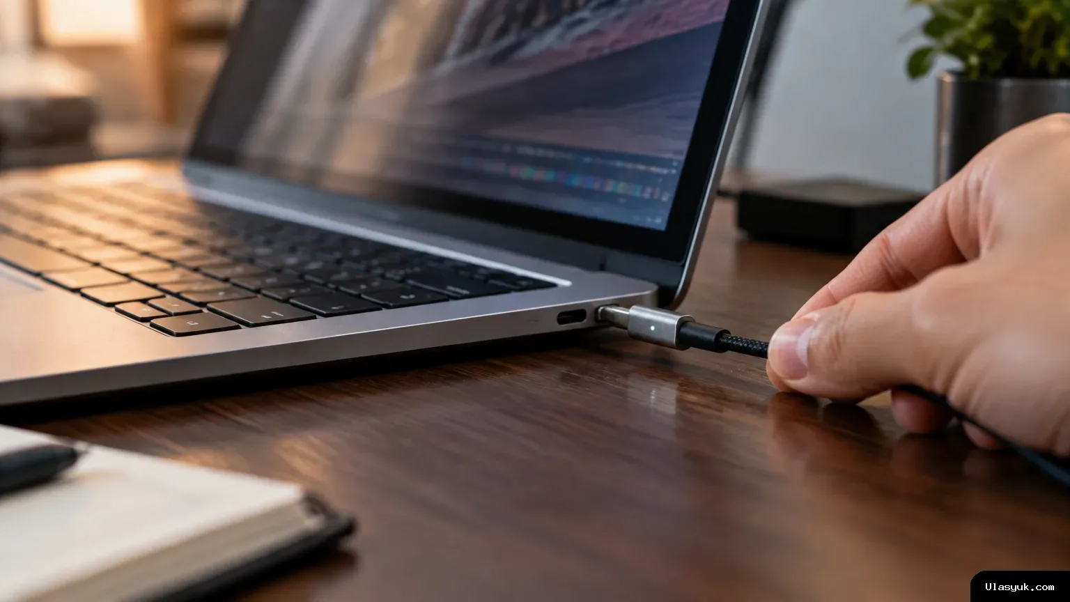 Ilustrasi editorial yang memperlihatkan kabel pengisi daya USB-C magnetis tersambung pada sisi laptop, menggambarkan fitur Magnetic Connect di Surface Laptop Ultra. Kabel USB-C magnetis terhubung ke laptop