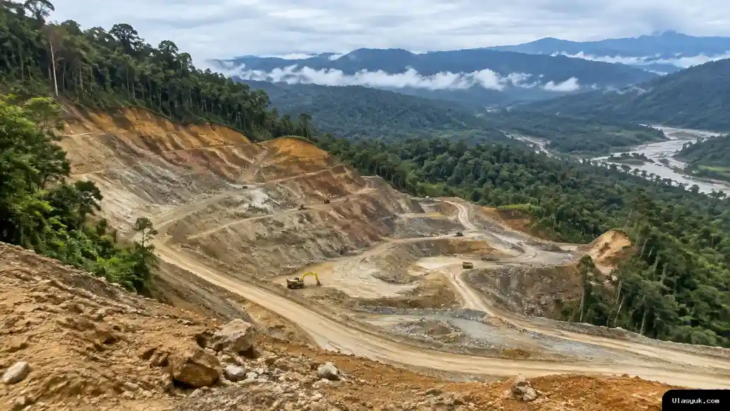 Area tambang terbuka di tengah lanskap hijau Distrik Makimi, Nabire.