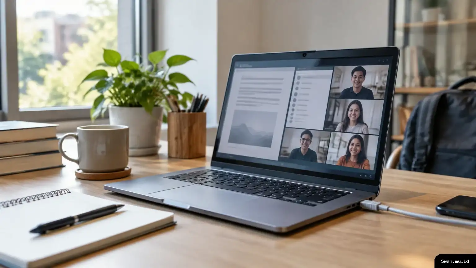 A grey laptop sits open on a study desk, with a notebook and wired Ethernet cable nearby. Grey laptop on a study desk beside a wired Ethernet cable
