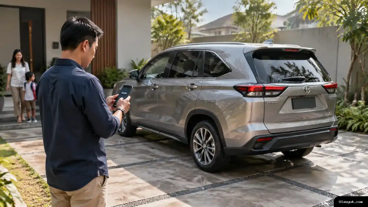 Pemilik Innova Zenix memeriksa smartphone di dekat mobil yang terparkir, menggambarkan akses pemantauan kendaraan dari jarak jauh. Pemilik memeriksa Innova Zenix melalui smartphone