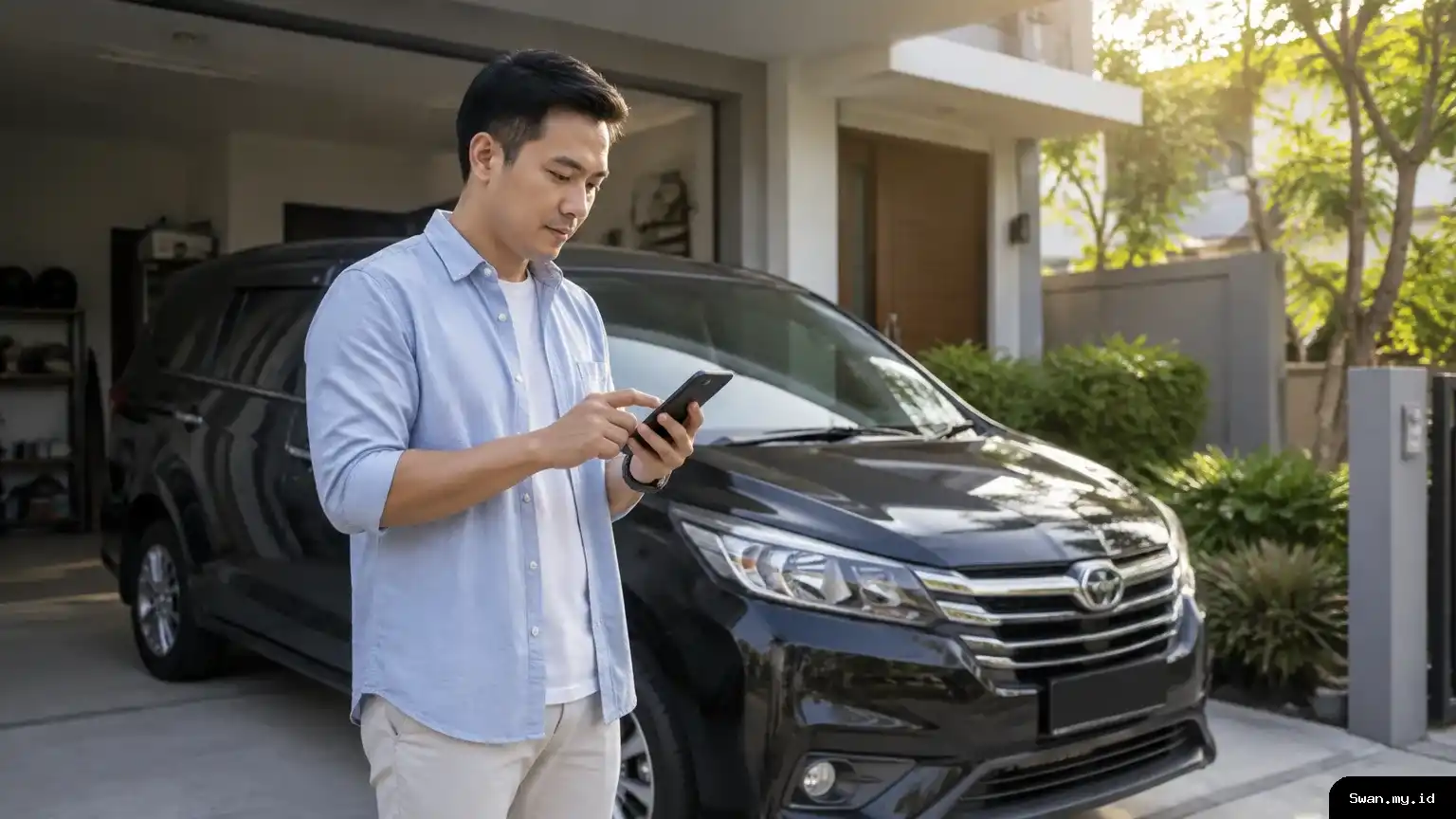 A driver uses a smartphone beside a family vehicle, illustrating connected access and vehicle monitoring outside the cabin. Driver checks connected vehicle information beside a family MPV