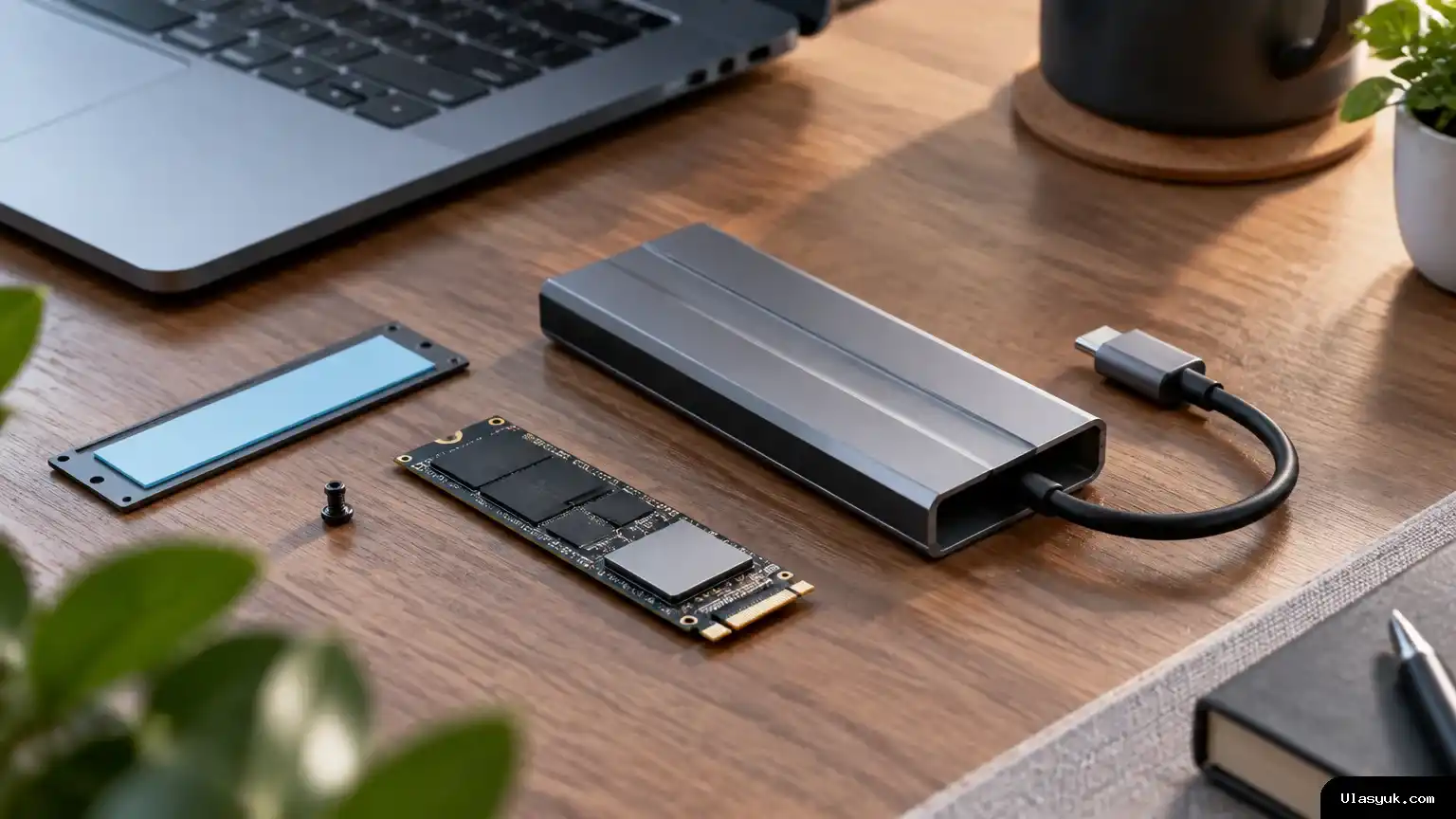 Enclosure SSD M.2 NVMe berbahan aluminium ditampilkan bersama kabel USB-C pendek yang menyatu pada casing, SSD, dan laptop. Enclosure SSD NVMe aluminium dengan kabel USB-C terintegrasi