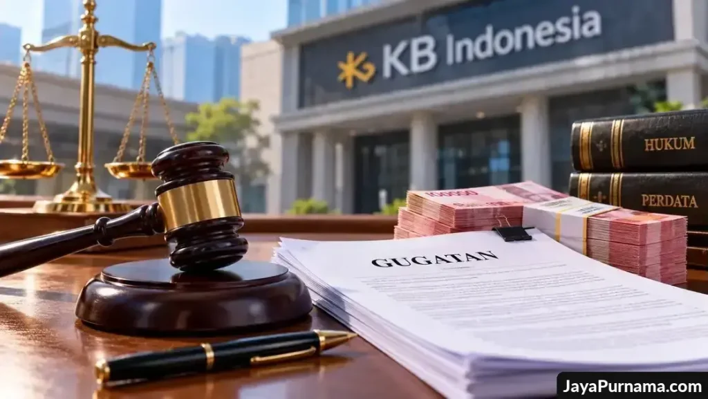 Ilustrasi gedung bank dengan palu hakim dan dokumen gugatan perdata