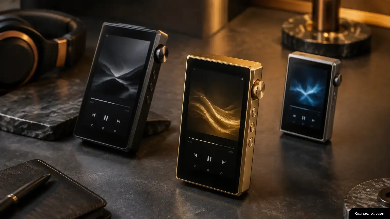 Tiga pemutar musik digital premium dengan desain dan material berbeda ditampilkan berdampingan, menggambarkan jajaran Walkman terbaru Sony. Tiga pemutar musik digital premium Sony
