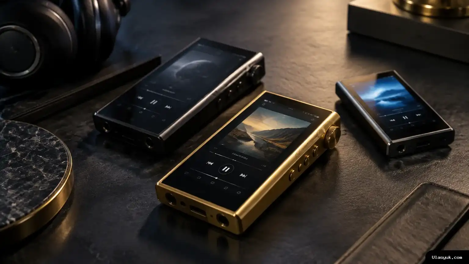 Tiga pemutar musik portabel premium dengan layar sentuh dan ragam material bodi, menggambarkan jajaran Walkman terbaru Sony. Tiga pemutar musik Walkman premium dengan bodi berbeda