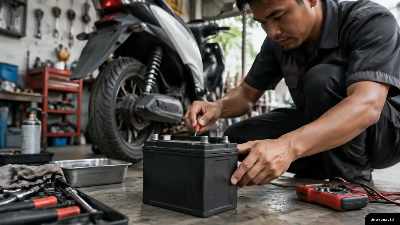 A workshop inspection scene showing a sealed lead-acid battery beside an electric motorcycle, illustrating the battery type discussed in the article. A sealed lead-acid battery inspected beside an electric motorcycle
