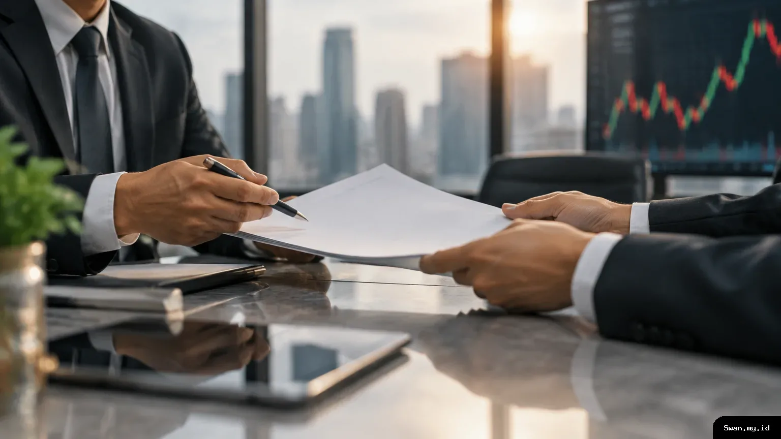 An editorial illustration of a major shareholding change, represented by businesspeople reviewing a share-transfer document beside an abstract market display. Businesspeople review a share transfer document