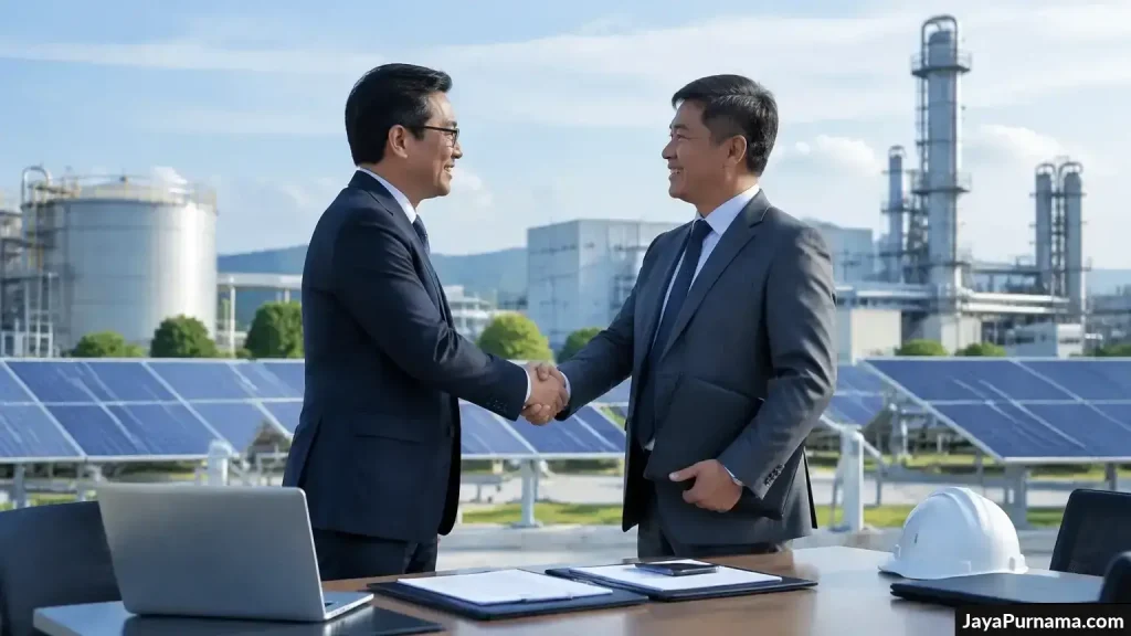 Dua eksekutif berjabat tangan di ruang rapat dengan fasilitas energi industri terlihat di latar.
