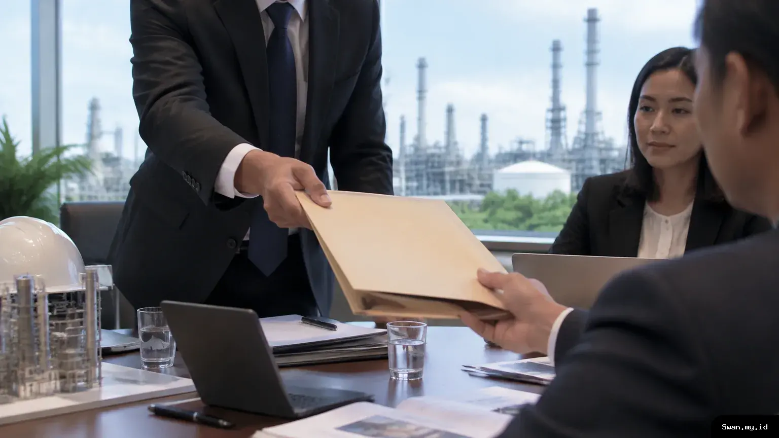 Two business professionals review a share-transfer folder beside a window overlooking an industrial facility.