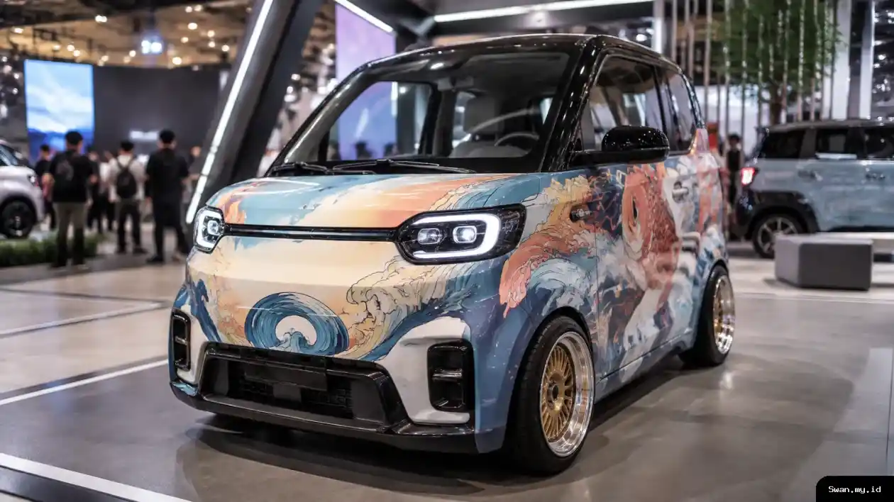 A customized Wuling Air ev with painted artwork appears at the IMX 2026 automotive exhibition in ICE, BSD, Tangerang. Painted Wuling Air ev displayed at IMX 2026