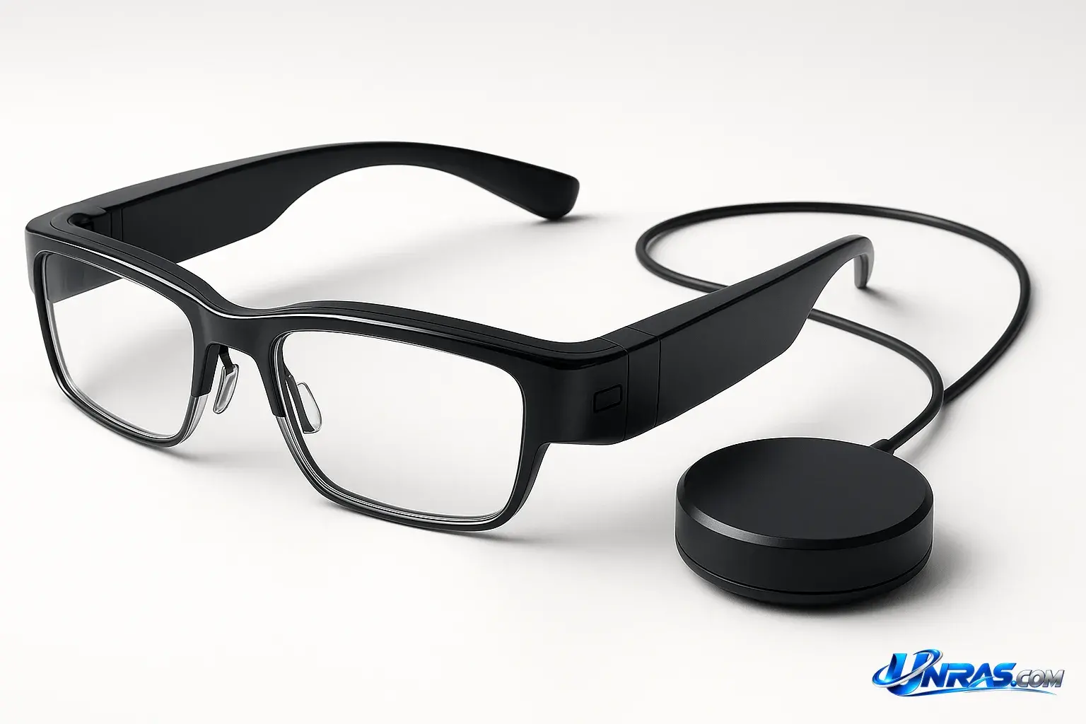 Gambar menunjukkan desain futuristik kacamata pintar Xreal Aura dengan lensa transparan dan unit komputasi berbentuk puck yang terhubung melalui kabel. Smart glasses with transparent lenses and computing puck
