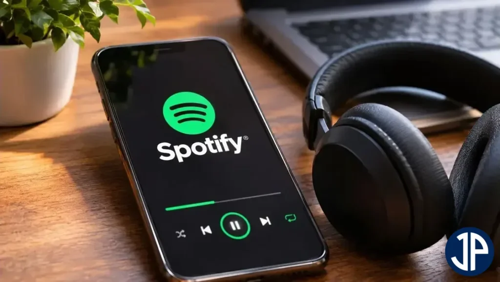 Smartphone dengan aplikasi Spotify dan headphone hitam sebagai ilustrasi tren musik Indonesia.
