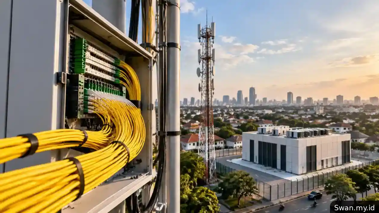 Fiber-optic cables lead toward a street telecom cabinet, with a mobile tower and data-center building in the background.