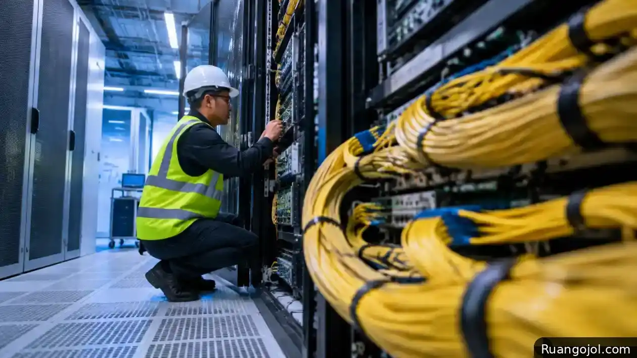 Panel jaringan dengan kabel fiber optik tersusun rapi menjadi fokus gambar. Seorang teknisi memeriksa koneksi di area pusat data, menggambarkan infrastruktur yang membawa trafik internet dan data. Teknisi memeriksa kabel fiber optik pada panel jaringan di pusat data