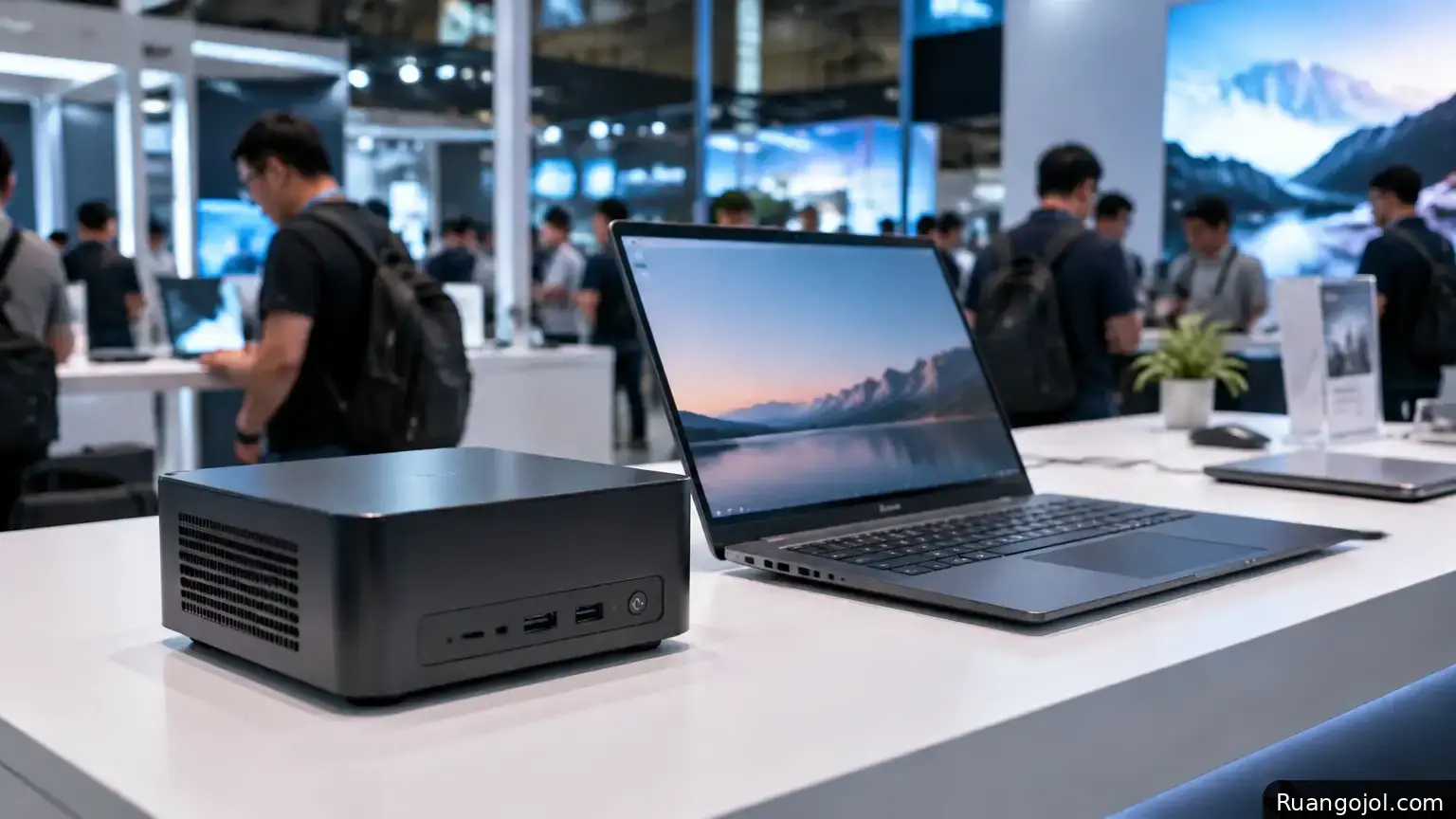 Mini PC kompak dan laptop tipis ditampilkan di meja pameran teknologi. Beberapa pengunjung tampak mengamati perangkat di area stan yang terang. Mini PC ringkas dan laptop tipis dipajang di area pameran teknologi