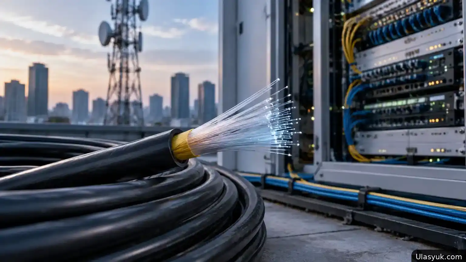 Kabel fiber optik tampak terhubung menuju perangkat jaringan di ruang telekomunikasi. Visual ini menggambarkan infrastruktur yang membawa trafik internet dan data. Kabel fiber optik terhubung ke rak jaringan telekomunikasi