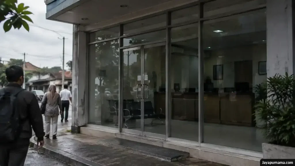 Pintu kaca kantor bank kecil tertutup dengan area layanan terlihat dari luar.
