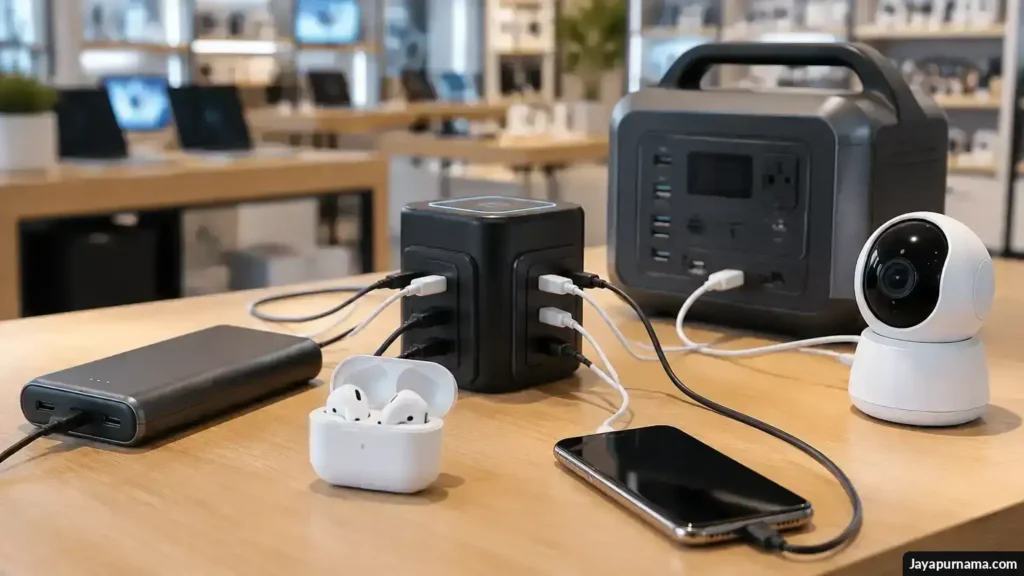 Power bank, earbuds, dan perangkat rumah pintar tertata di meja toko elektronik